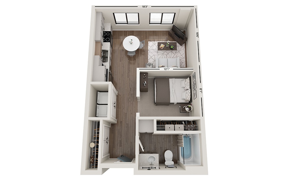 Hunter - Studio floorplan layout with 1 bathroom and 551 square feet