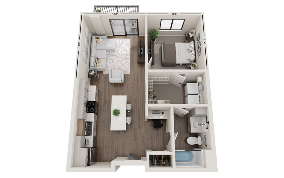 Pioneer - 1 bedroom floorplan layout with 1 bathroom and 696 square feet