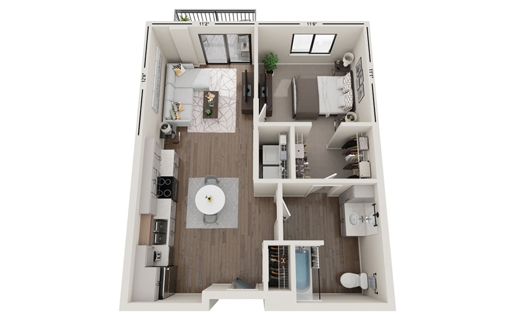 Geo - 1 bedroom floorplan layout with 1 bathroom and 696 square feet