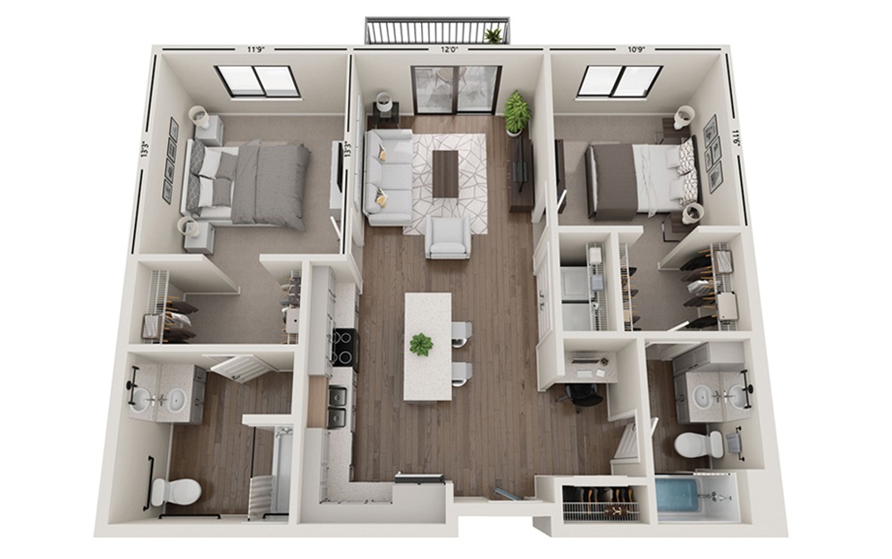 Verge - 2 bedroom floorplan layout with 2 bathrooms and 1100 square feet