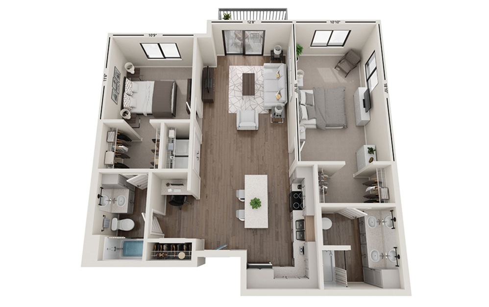 Axis - 2 bedroom floorplan layout with 2 bathrooms and 1152 square feet