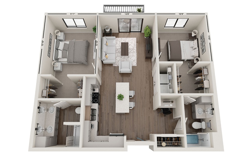 Topo - 2 bedroom floorplan layout with 2 bathrooms and 1048 square feet