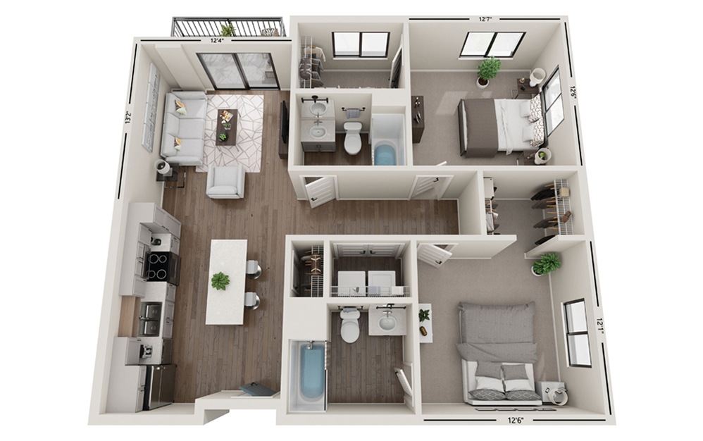 Odyssey - 2 bedroom floorplan layout with 2 bathrooms and 1000 square feet