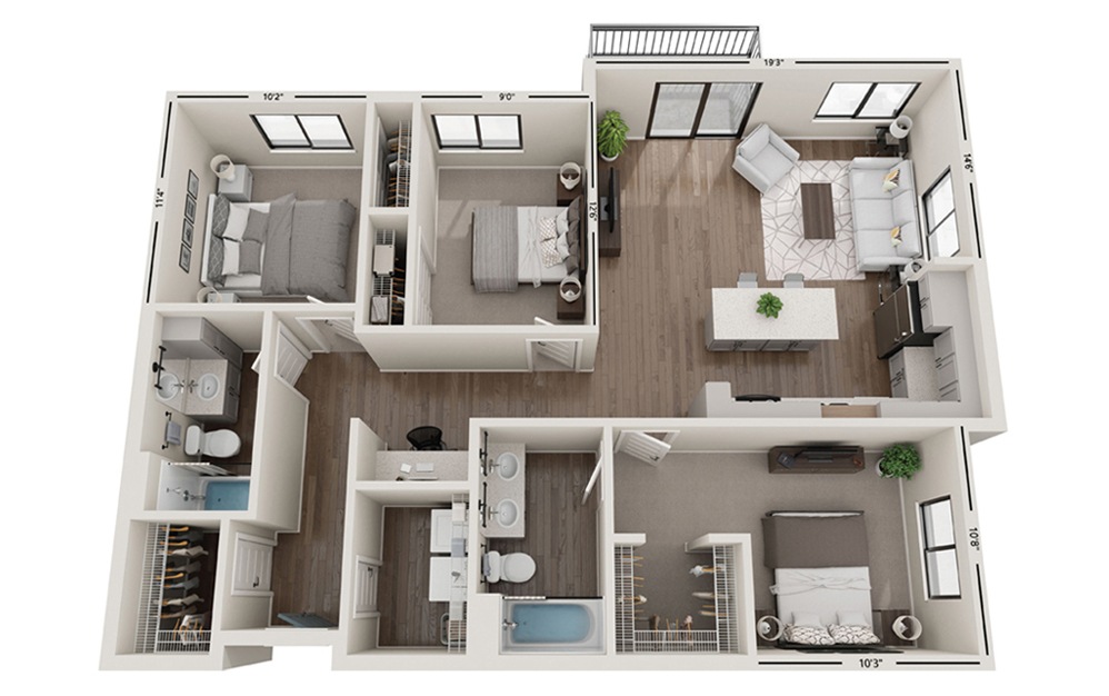 Frontier - 3 bedroom floorplan layout with 2 bathrooms and 1271 square feet