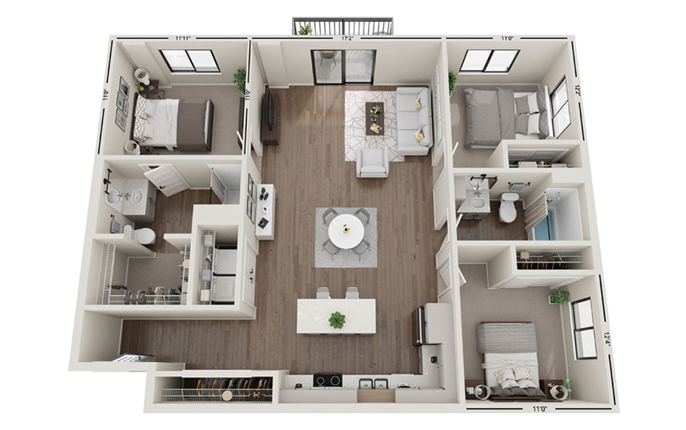 Trek - 3 bedroom floorplan layout with 2 bathrooms and 1350 square feet