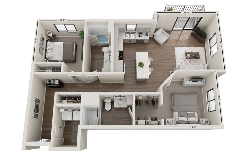 Cardinal - 2 bedroom floorplan layout with 2 bathrooms and 1100 square feet