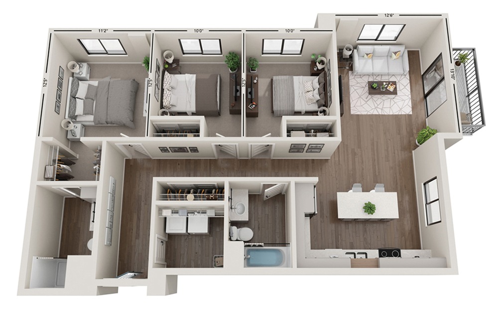 Rose - 3 bedroom floorplan layout with 2 bathrooms and 1270 square feet